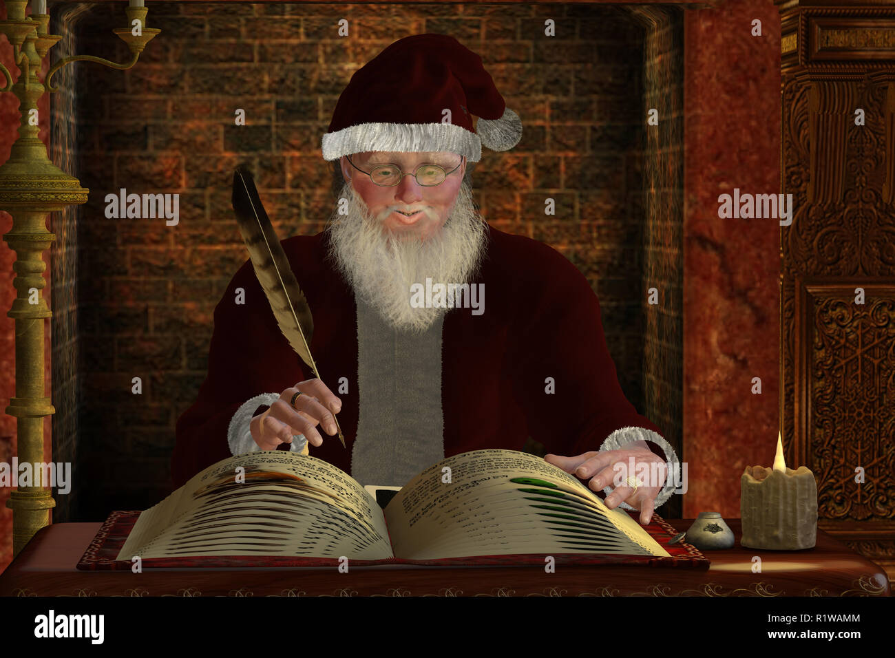Weihnachtsmann - Santa Claus schreibt in seinem Geschenk Liste für den kommenden Winter Urlaub Weihnachtszeit. Stockfoto