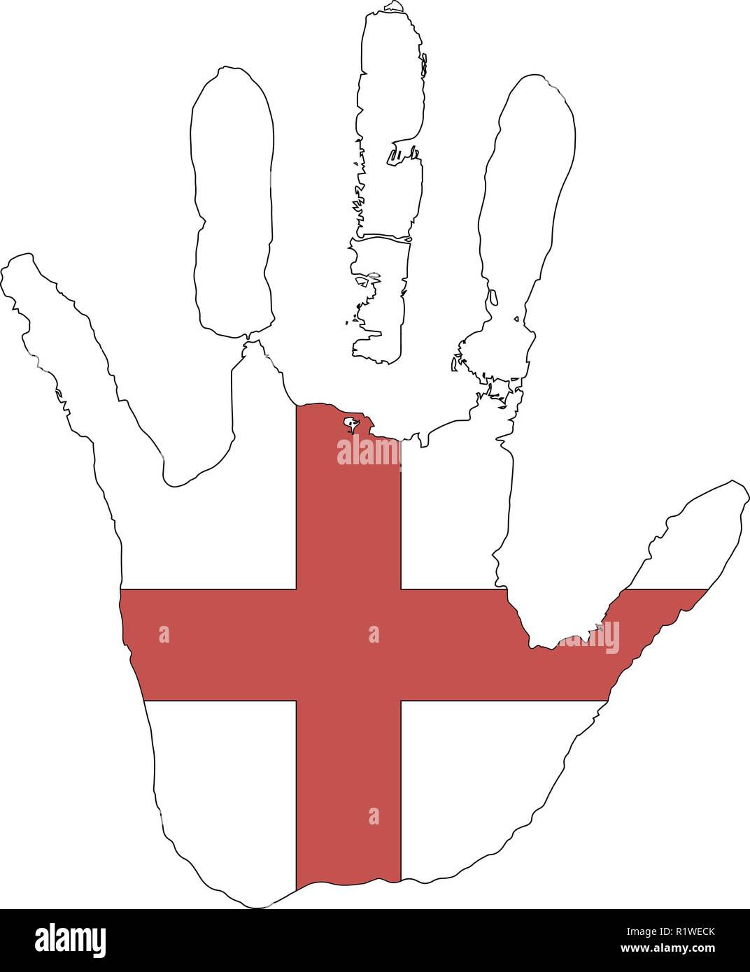 Rot, weiß Farbe der Flagge. Vektor Handabdruck in Form der Flagge von England. Stock Vektor