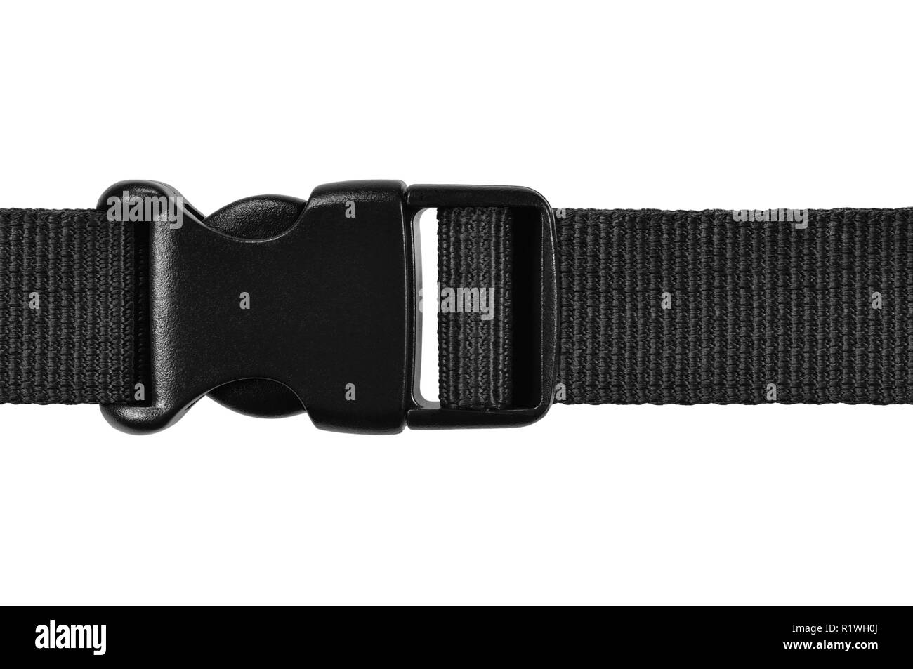 Schwarze Seite Release acculoc Schnalle Schnalle aus Kunststoff, Nylon Seil Verriegelung, isolierte Makro Nahaufnahme, große Detaillierte horizontale Zubehör studio Stockfoto