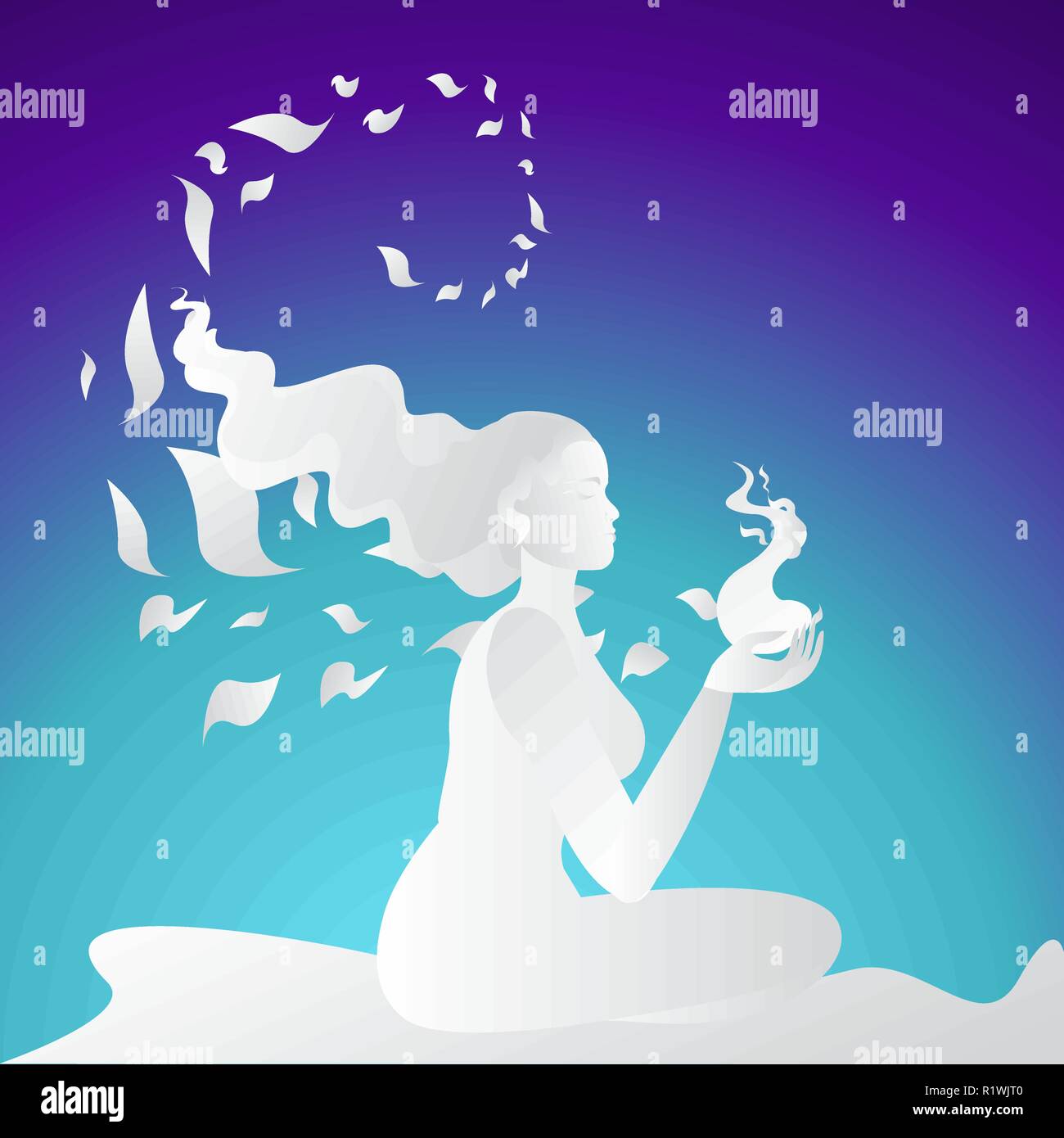 Frau silhouette Meditieren in Seitenansicht, Yoga dar. Logo für Wellness, zum Hintergrund. Neon Farben und Papier gestaltete Frau, für Web und Print Vektor il Stock Vektor