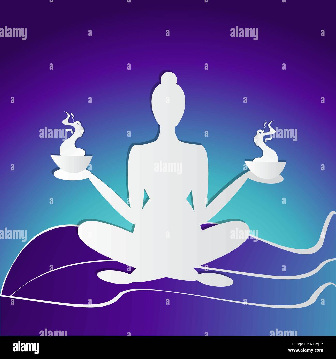 Girl silhouette meditieren, Yoga dar. Logo für Wellness, zum Hintergrund. Neon Farben und Papier gestaltete Frau, für Web und Print Vector Illustration, in Stock Vektor