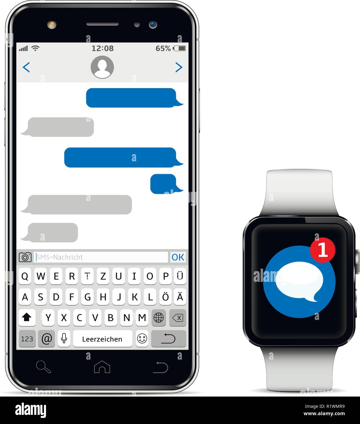 Smart Watch und Handy mit Deutschland alphabet Tastatur Stock Vektor