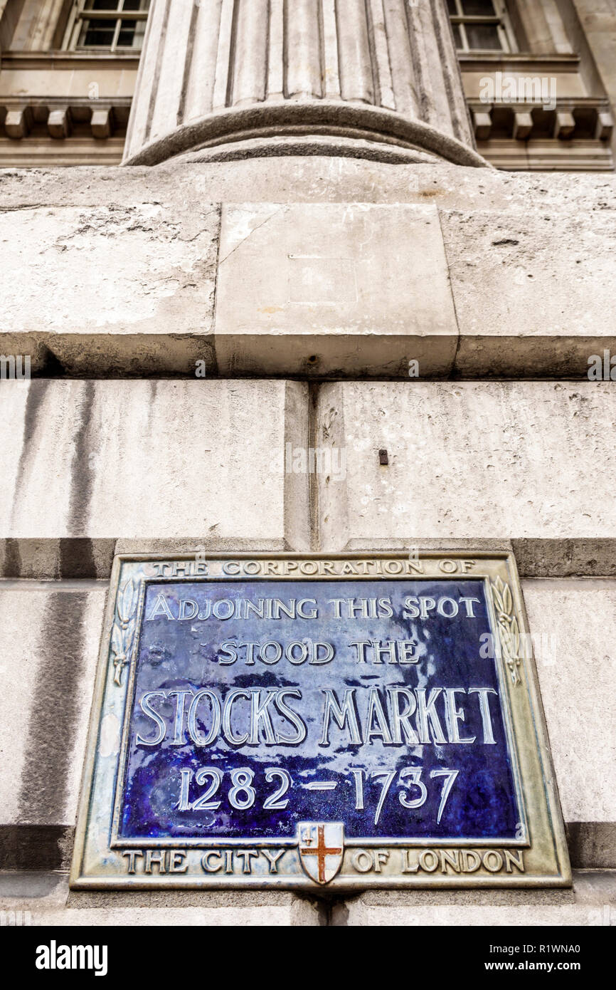 City of London, England, historische Markierung des Vereinigten Königreichs, blaue Plakette, ehemalige Börse, 1282-1737, Großbritannien GB, Englisch, Europa, UK180827005 Stockfoto