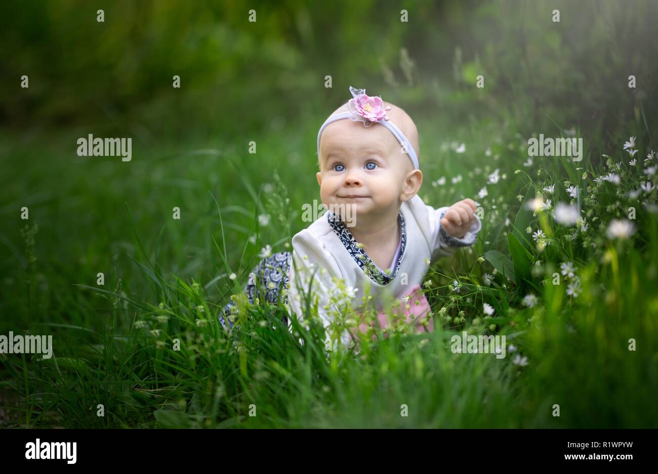 Schönes Baby Mädchen im Gras sitzen auf bunten Blütenfrühling. Baby Portrait. Stockfoto