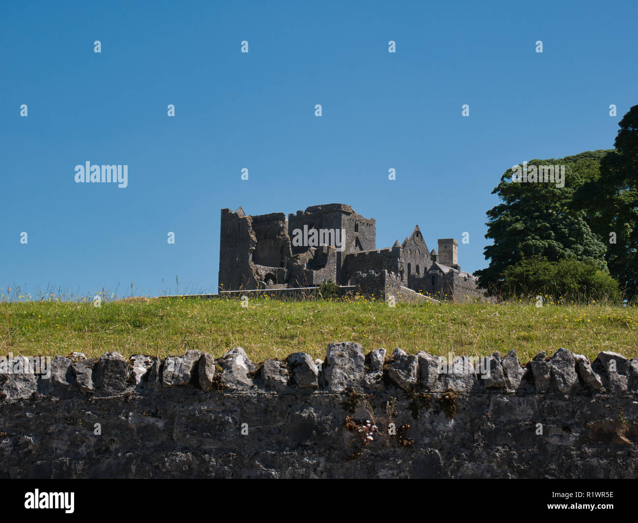 Blick auf Rock Of Cashel in Irland mit einer Mauer im Vordergrund. Stockfoto