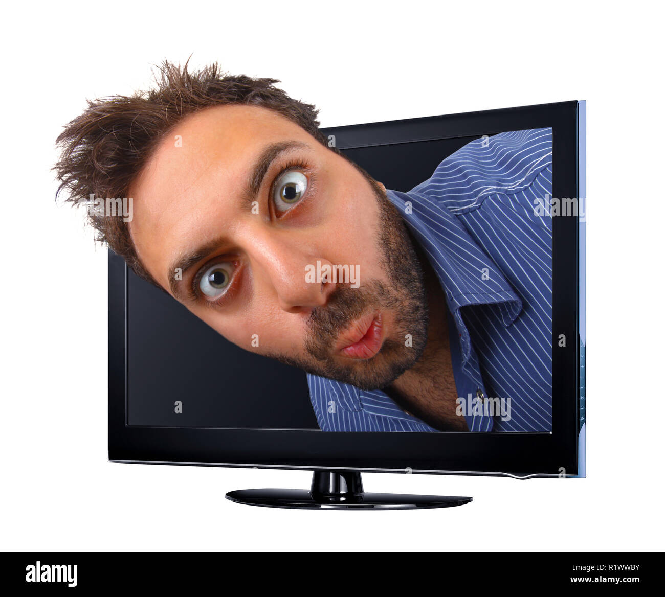 Mann mit lustigen Ausdruck Sprung aus dem TV, 3D-Effekt. Stockfoto