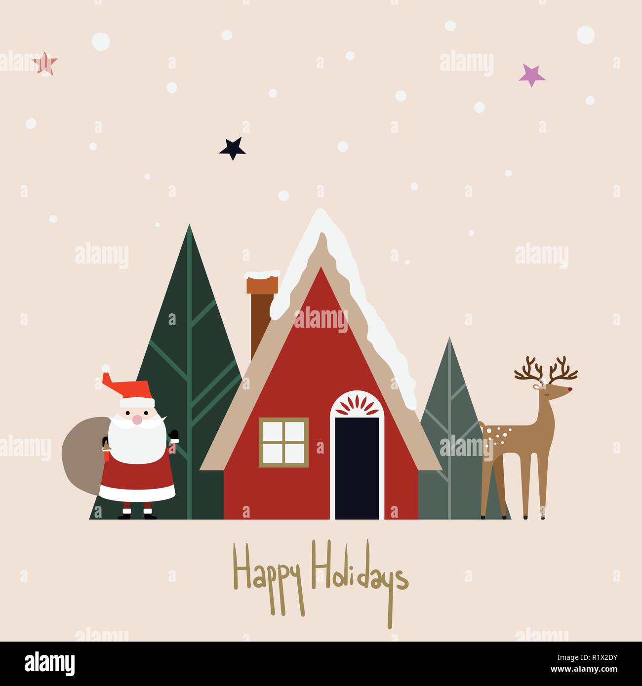 Weihnachten Grußkarte Design mit Weihnachtsmann und Rentier mit erdigen Farben Vector Illustration Stock Vektor