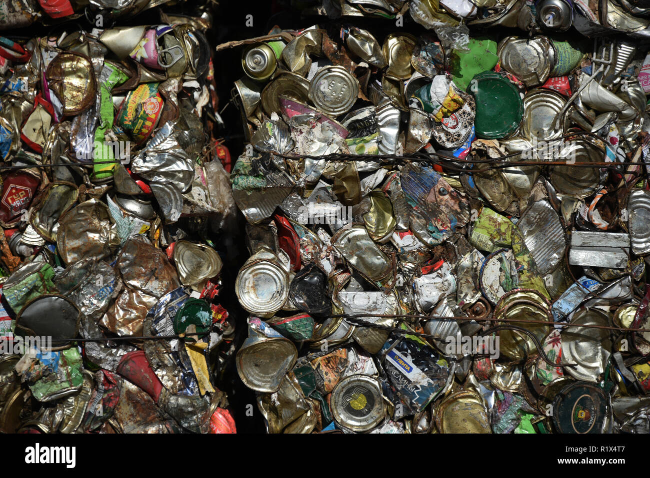 Würfel der Dosen für das Recycling an der Abfalltrennung Station in Russland gedrückt wird. Stockfoto