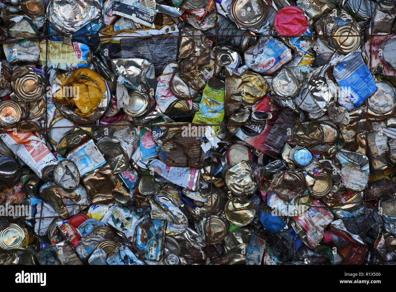 Würfel der Dosen für das Recycling an der Abfalltrennung Station in Russland gedrückt wird. Stockfoto