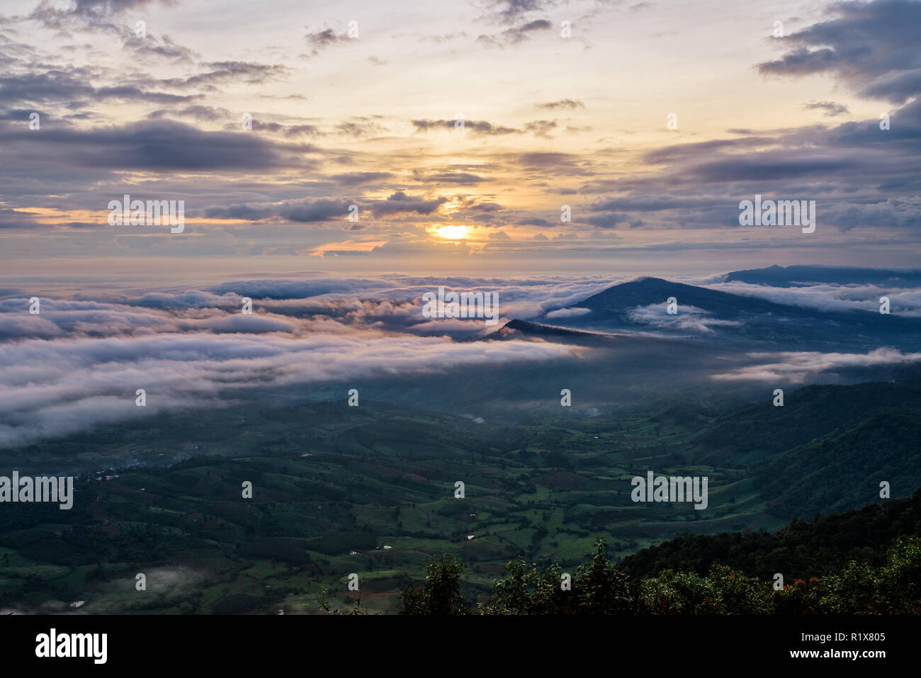 Schöne Natur Landschaft die Sonne über dem Meer Nebel, der die Berge und hellen Himmel bei Sonnenaufgang im Winter deckt auf Sicht von Phu Ruea Stockfoto
