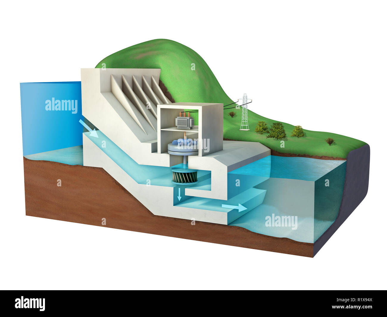 Wasserkraftwerk Diagramm. 3D-Darstellung. Stockfoto