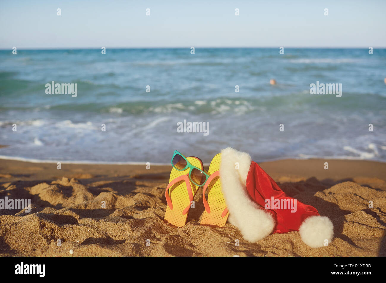 Santa's Hut auf dem beachon Weihnachten. Stockfoto
