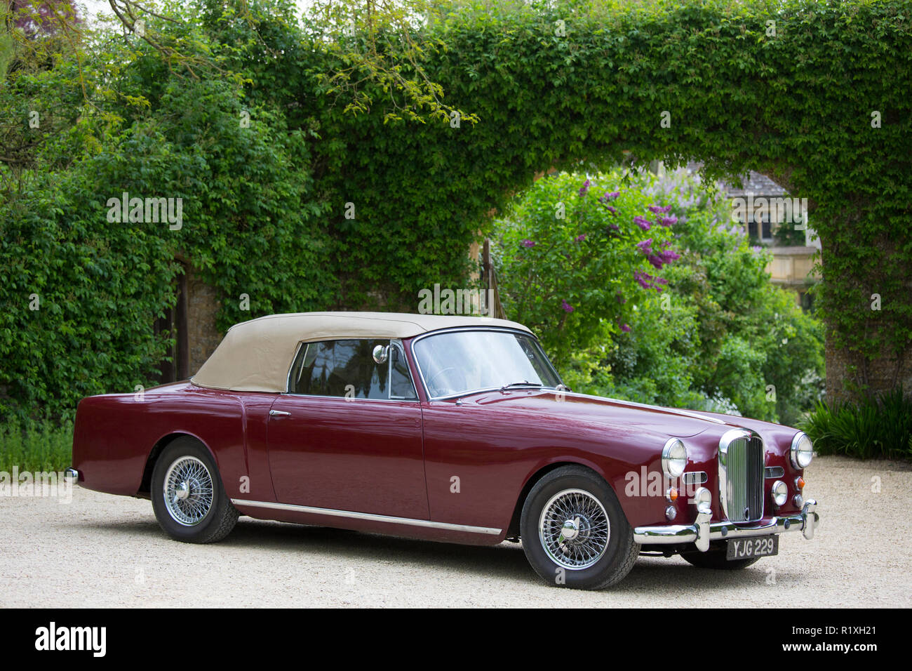 Engländer Alvis TD21 DHC Serie 1 Drophead Coupé Oldtimer Pfingstrose Farbe mit Kapuze bis in den Cotswolds, England geparkt Stockfoto