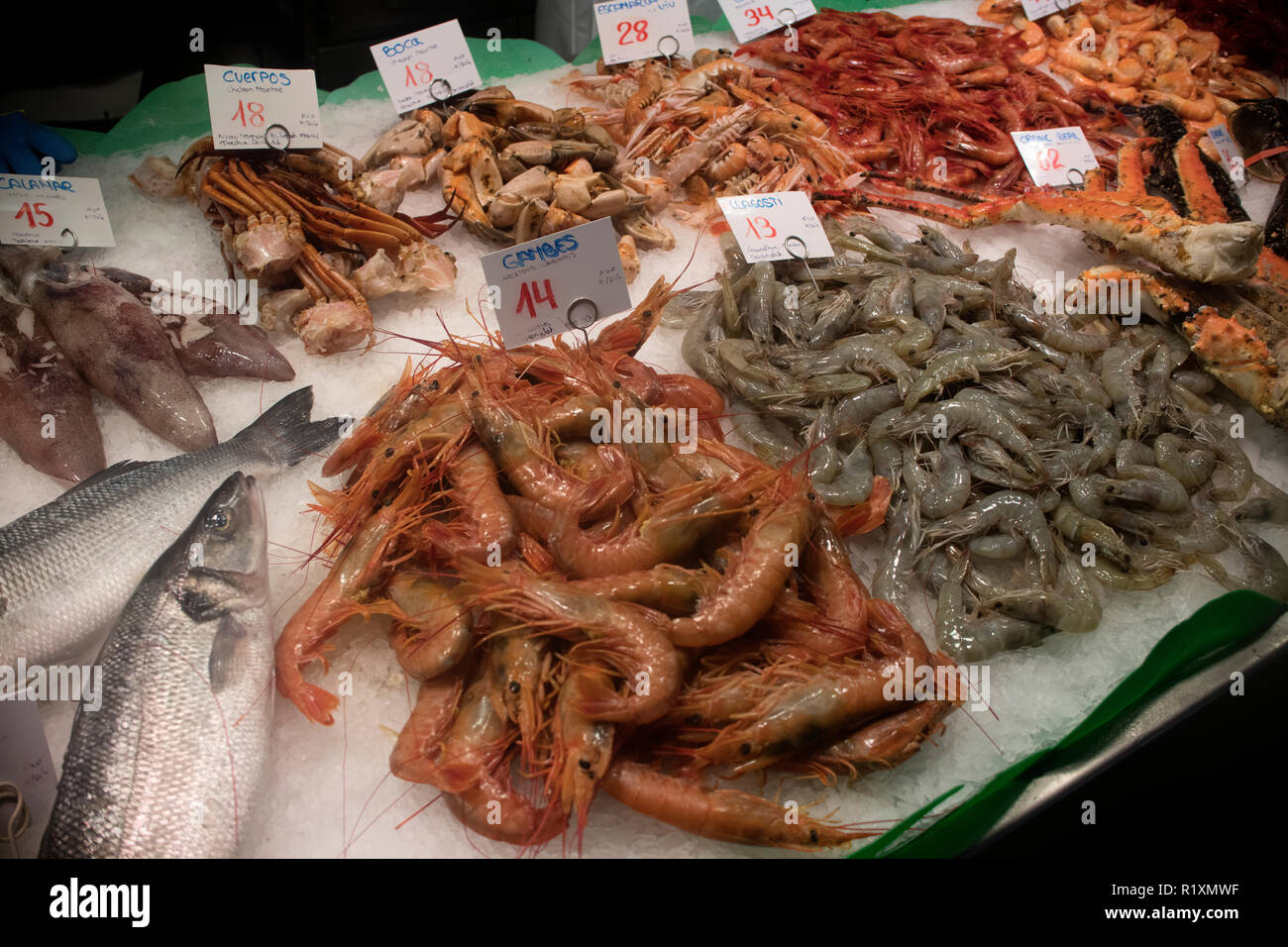 Meeresfrüchte Anzeige im freien Markt in Barcelona Stockfoto