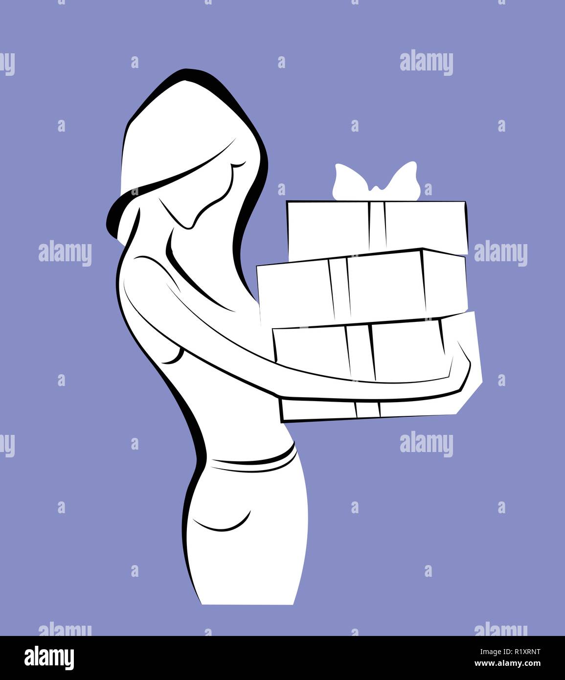 Junge Frau mit Geschenkverpackung. Bild Stock Vektor