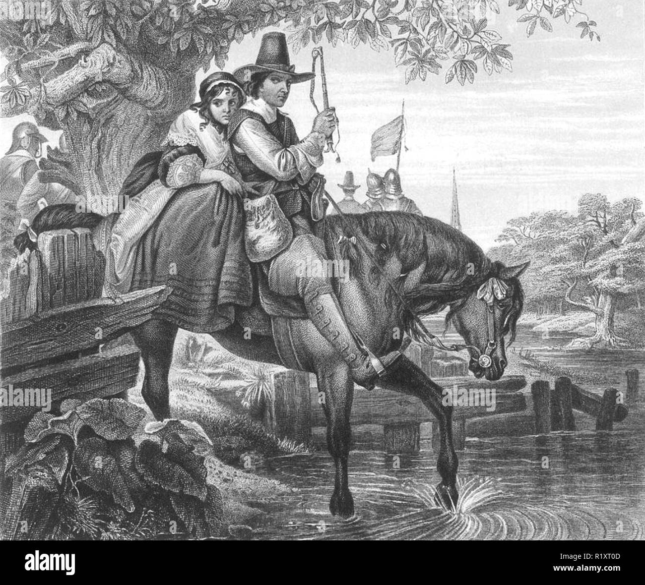 CHARLES II. von England als Diener und Jane Lane auf dem Weg nach Bristol im September 1651 verkleidet. 19. jahrhundert Gravur. Stockfoto