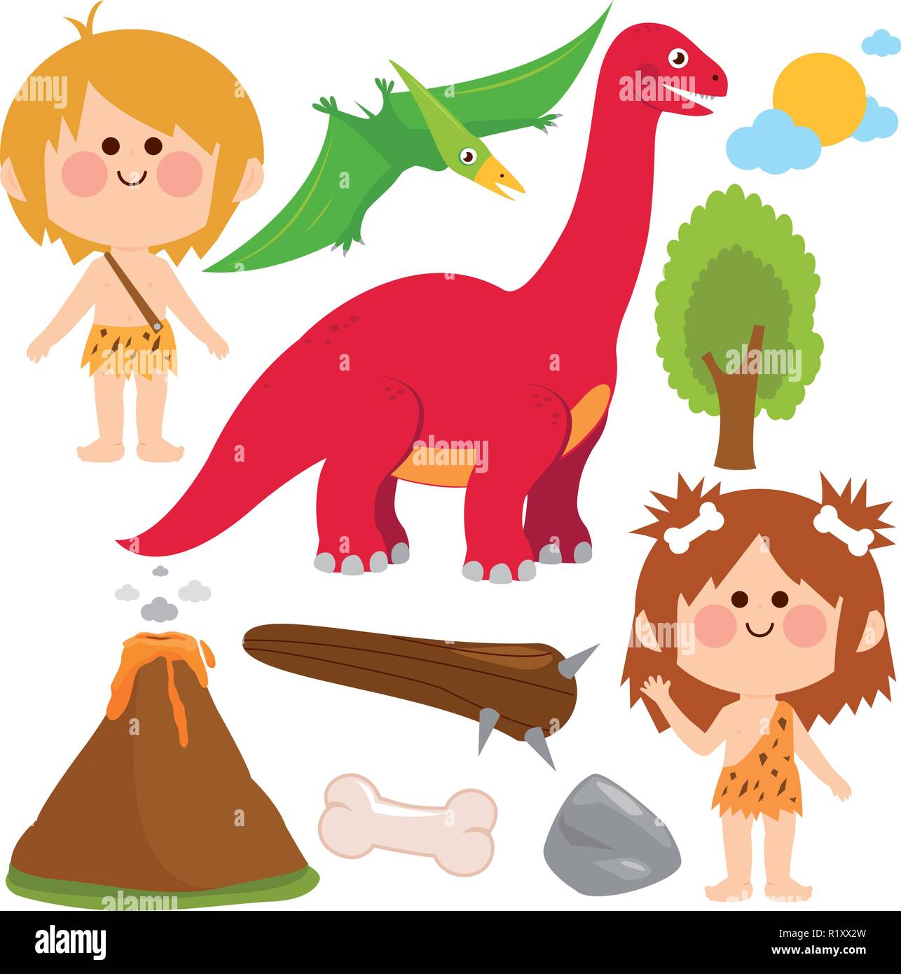 Prähistorische Vektor mit Kindern Höhlenmenschen, Dinosaurier, Felsen, Vulkan und primitiven Waffen gesetzt. Vector Illustration Stock Vektor