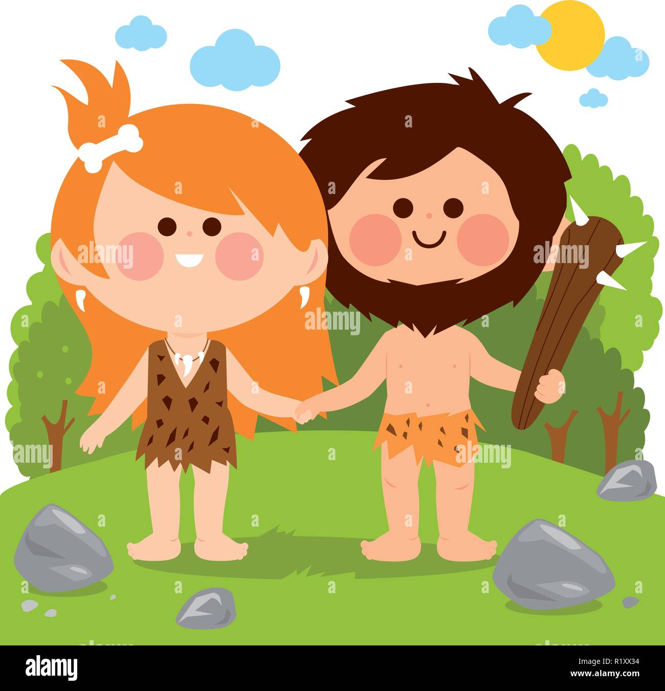 Prähistorische Landschaft mit zwei Höhlenmenschen, ein Mann und eine Frau halten sich an den Händen. Vector Illustration Stock Vektor