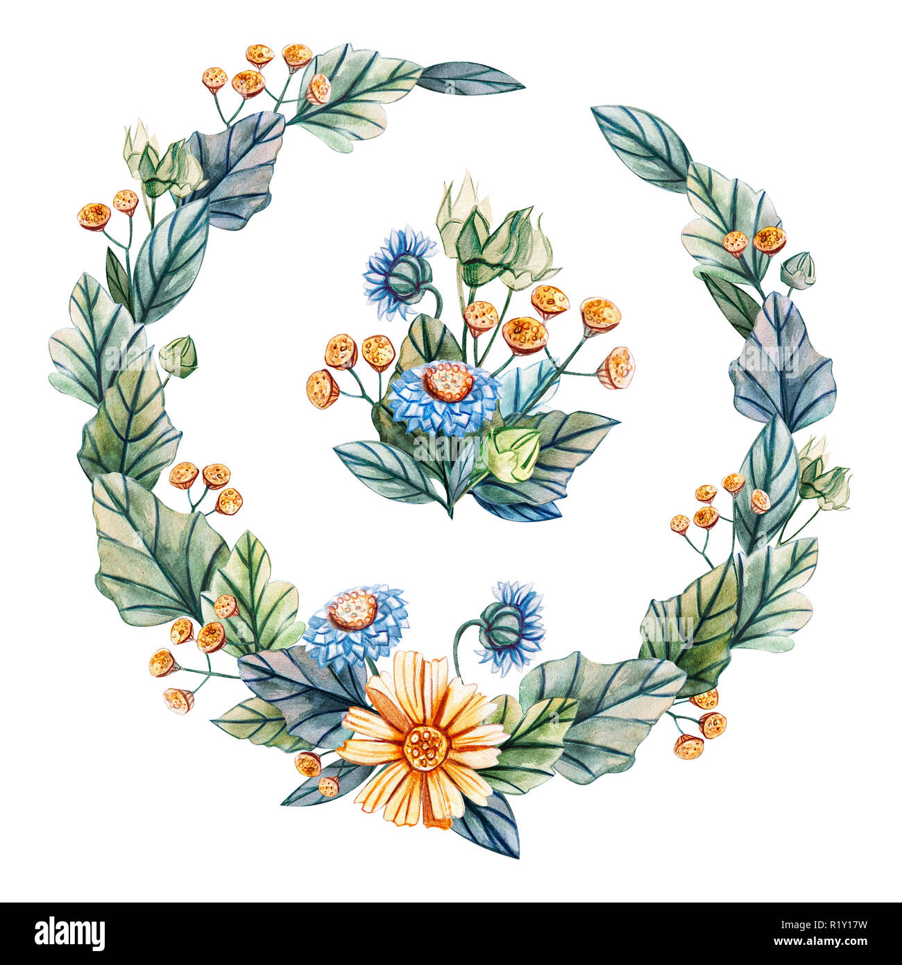 Einen Kranz und einen Strauß Wildblumen. Handgezeichneten Aquarell. Ideal für das Drucken von Karten und Einladungen. Stockfoto