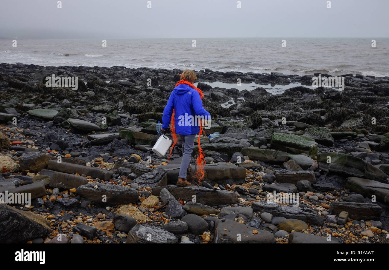 Lyme Regis DE 15. November 2018 - ein Wanderer greift Kunststoff- und Wurf am Strand zwischen Lyme Regis und Charmouth auf einem nebligen trüben Nachmittag entlang der Jurassic Küste von Dorset: Simon Dack/Alamy leben Nachrichten Stockfoto