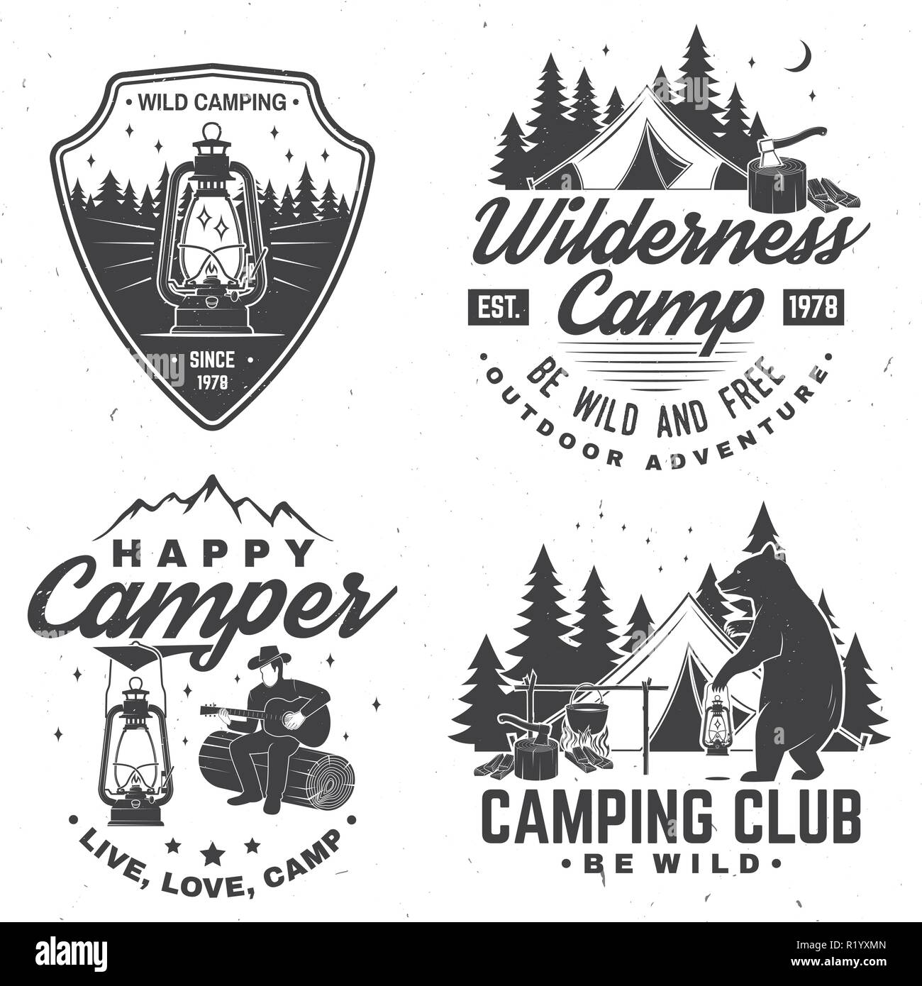 Satz von Happy Camper outdoor adventure Symbol. Vektor. Konzept für Hemd oder Logo, Print, Stempel oder T-Stück. Vintage Design mit Laterne, camping Zelt, Lagerfeuer, Bär, Mann mit Gitarre und Wald Silhouette. Stock Vektor