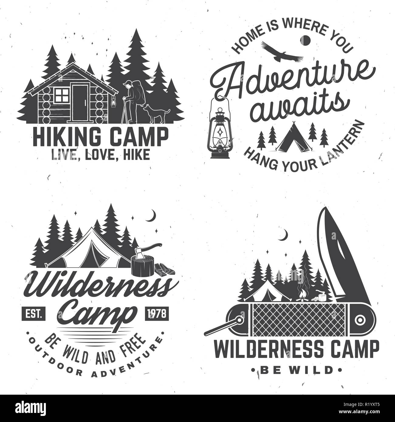 Happy Camper. Vektor. Konzept für Hemd oder Logo, Print, Stempel oder T-Stück. Vintage Design mit Laterne, Taschenmesser, campin Zelt, ax, camping Zelt, Lagerfeuer, Wald und Wald Silhouette. Stock Vektor