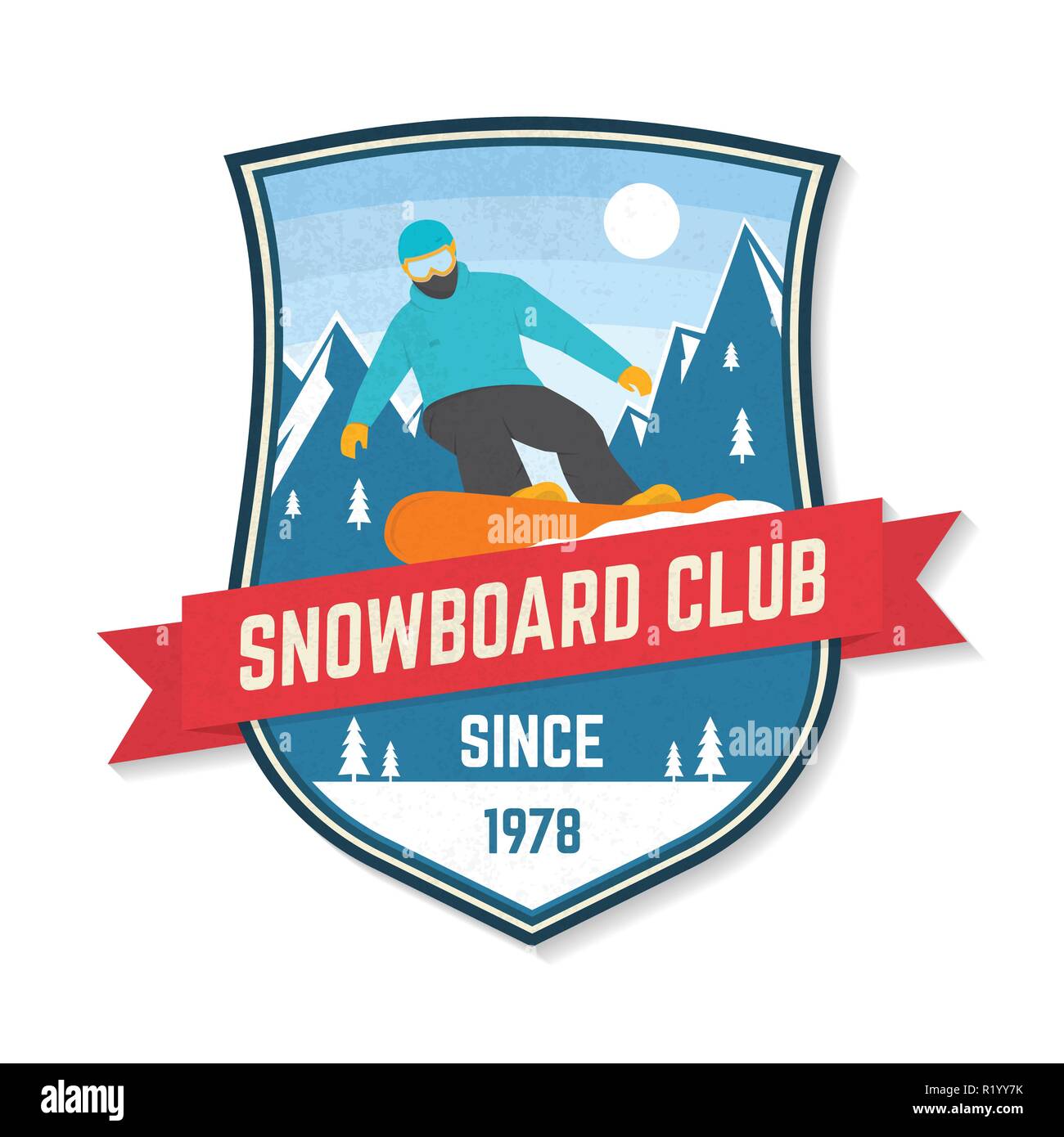 Snowboard Club. Vector Illustration Patch. Konzept für T-Shirt, Druck, Stempel oder T-Stück. Design mit Snowboarder und Berg Silhouette. Extreme Winter Sport. Stock Vektor