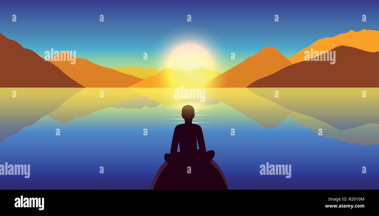 Person geniessen Sie den Herbst Landschaft auf einem ruhigen Meer und Blick auf die Berge bei Sonnenuntergang Vektor-illustration EPS 10. Stock Vektor