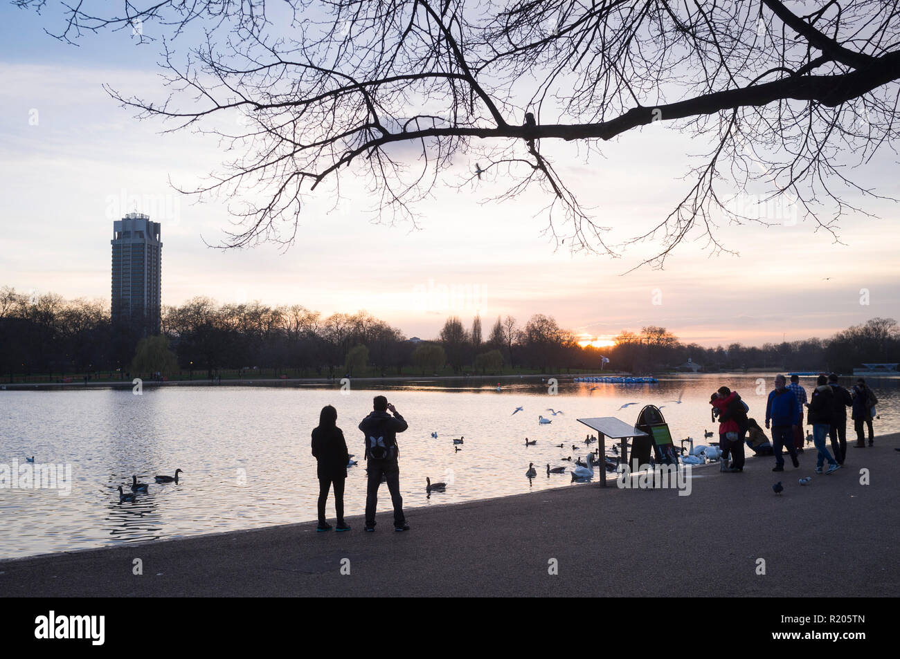 Ein Winter Sonnenuntergang über die Serpentine, Hyde Park, London Stockfoto