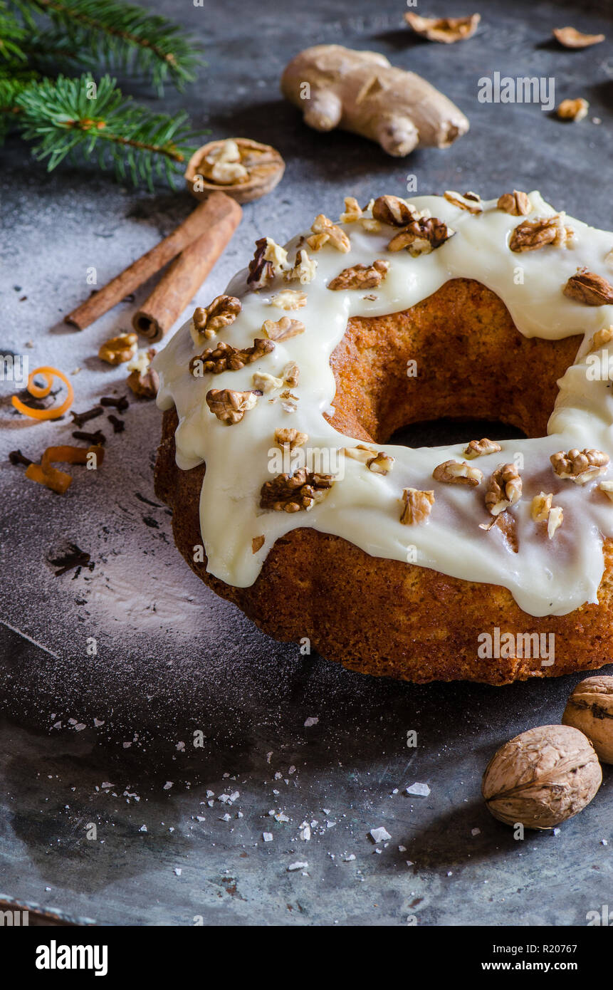 Karotten Ingwer Weihnachten Kuchen auf dem dunklen Hintergrund, dekoriert mit Zimtstangen, Walnüsse, Ingwer, Kiefer brunch und weißer Zucker Stockfoto