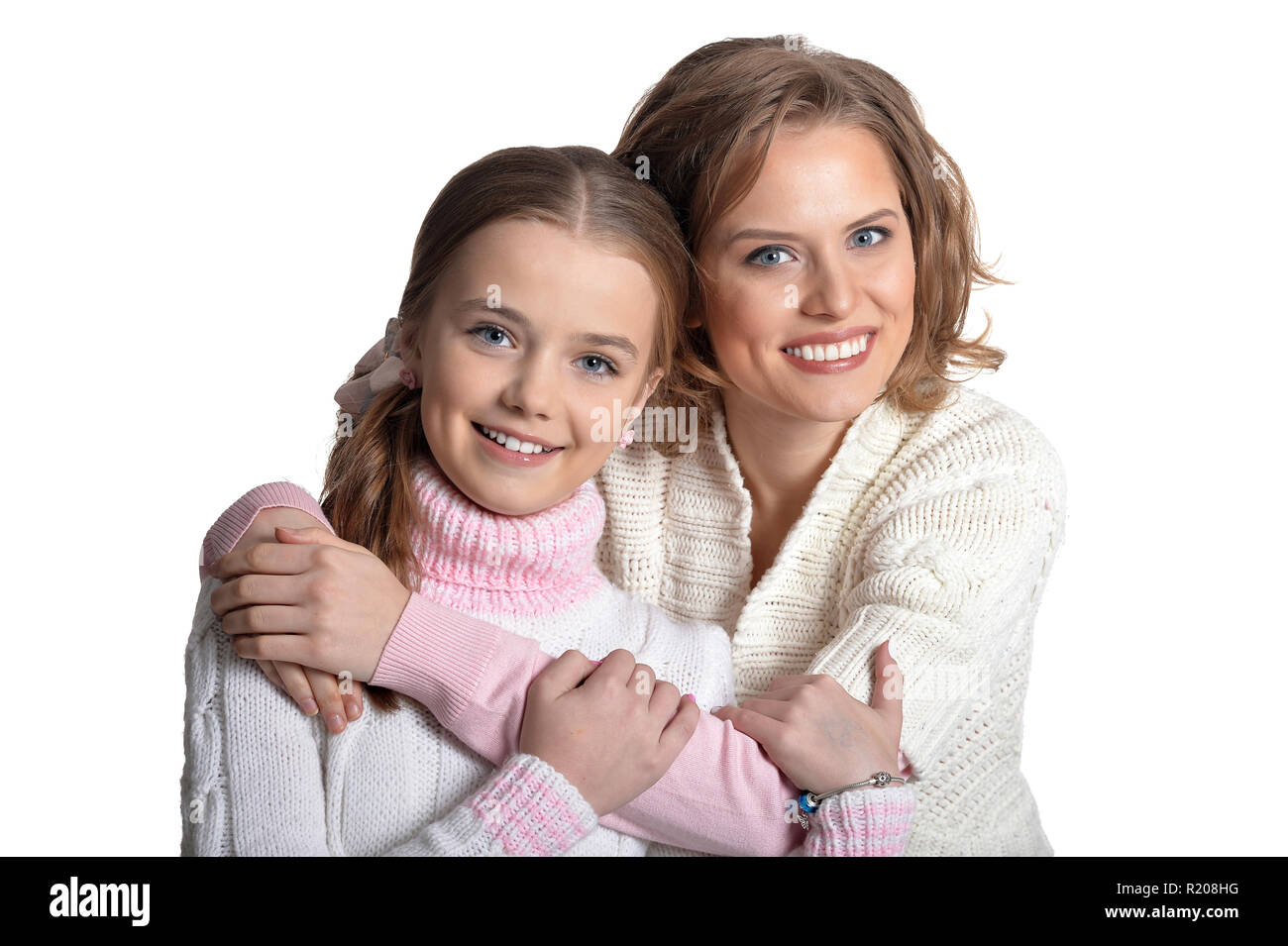 Portrait der glücklichen Mutter und Tochter isoliert Stockfoto