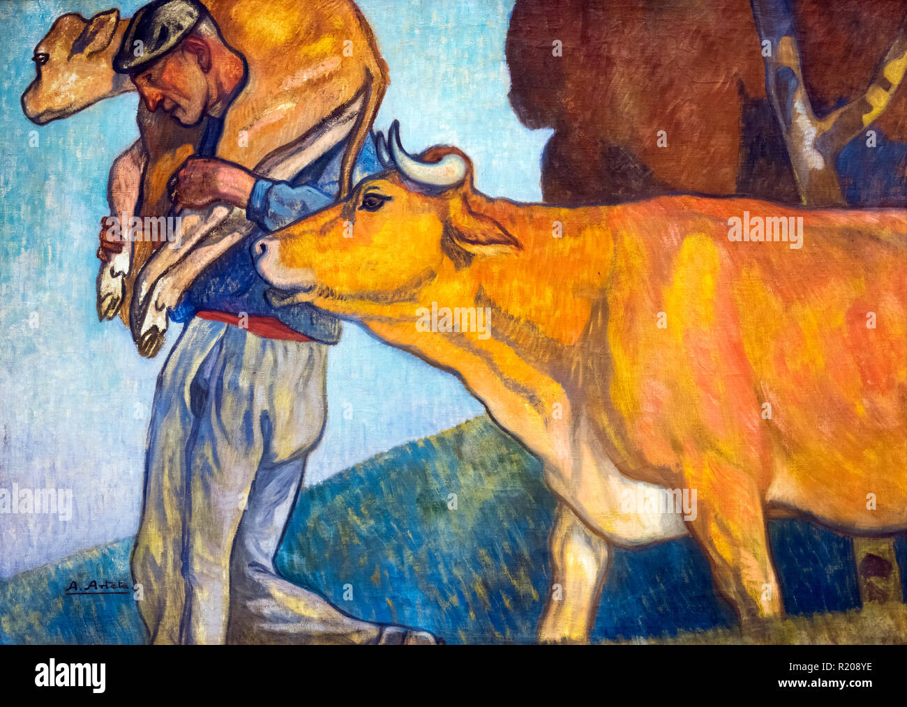 Landsmann mit einer Kuh und ein Kalb (Campesino con una Vaca y una Ternera) von Aurelio Arteta Errasti (1879-1940), Öl auf Leinwand, 1913-15. Malerei in der allegorischen Zyklus von Essen. Stockfoto