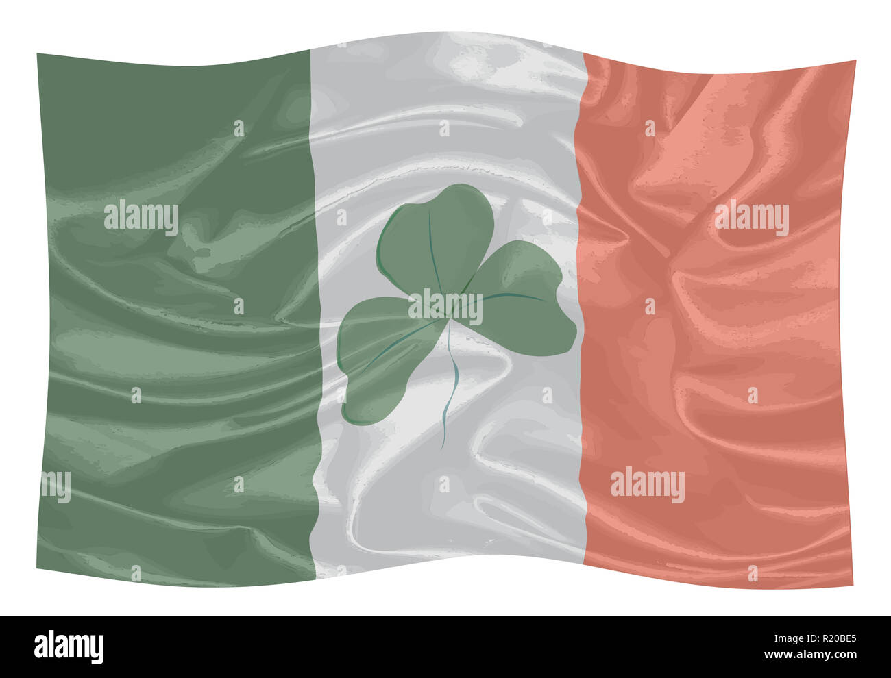 Die Republik Irland Fahne und ein lucky Shamrock, ein Symbol für das irische Volk winken im Wind Stockfoto
