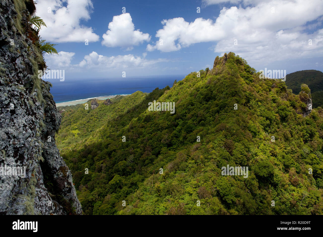 Die Aussicht von Te Rua Manga, einem vulkanischen Pinnacle im Zentrum von Rarotonga, die Hauptinsel der Cook Inseln. Stockfoto