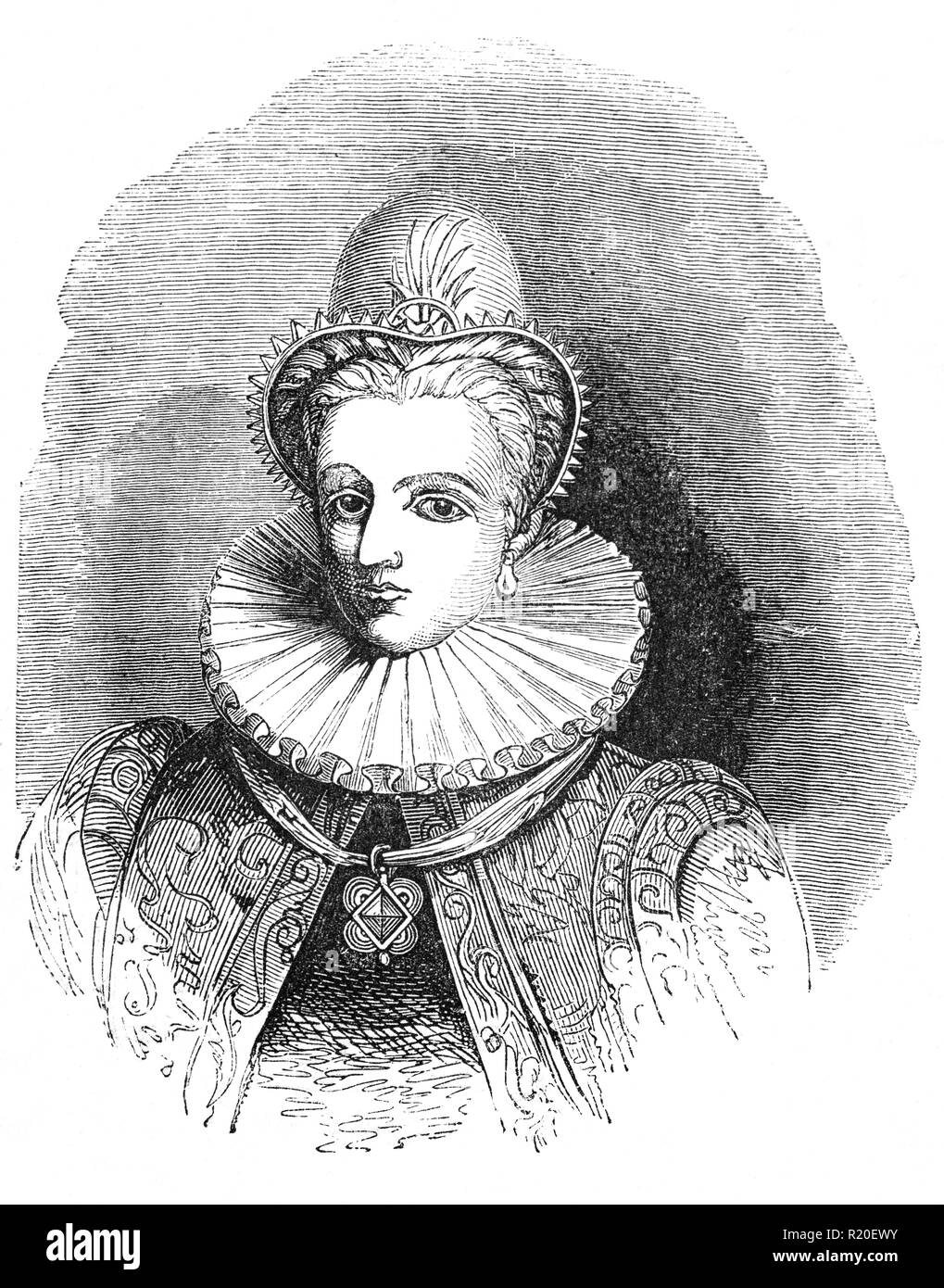 Anna von Dänemark (1574-1619) war Königin von Schottland, England und Irland durch die Ehe mit König James VI. und I. Sie James im Jahr 1589 im Alter von 15 Jahren verheiratet und gebar ihm drei Kinder, die überlebten, Kindheit, einschließlich der künftigen Charles I. Erscheint sie James zuerst geliebt zu haben, aber die paar allmählich Trieb und schließlich auseinander lebten, wenn gegenseitiger Respekt und ein gewisses Maß an Zuneigung überlebt. In England, Anne verschoben ihre Energien von Fraktionellen Politik Schirmherrschaft der Künste und ihrer eigenen herrlichen Hof gebaut, Hosting eine der reichsten kulturellen Salons in Europa. Stockfoto