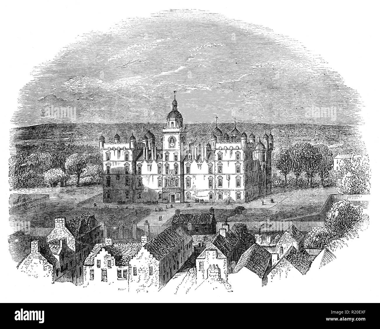 Heriot's Hospital, (dann den Namen für diese Art der gemeinnützigen Schule) für die "puir zu kümmern, faitherless bairns von George "jinglin "Geordie" Heriot im Jahre 1624 gegründet wurde, Edinburgh, Schottland. Es war einfach in der Zeit von Oliver Cromwell's englische Truppen während der Invasion von Schottland während der Dritten Englischen Bürgerkrieg beschäftigt werden, abgeschlossen; das Gebäude wurde als Kaserne genutzt, mit Pferden in der Kapelle beheimatet. Das Krankenhaus eröffnet im Jahre 1659, mit 30 kranke Kinder in Residence; seine Finanzen wuchs, und es dauerte in anderen Schüler zusätzlich zu den Waisen, für die es bestimmt ist. Stockfoto