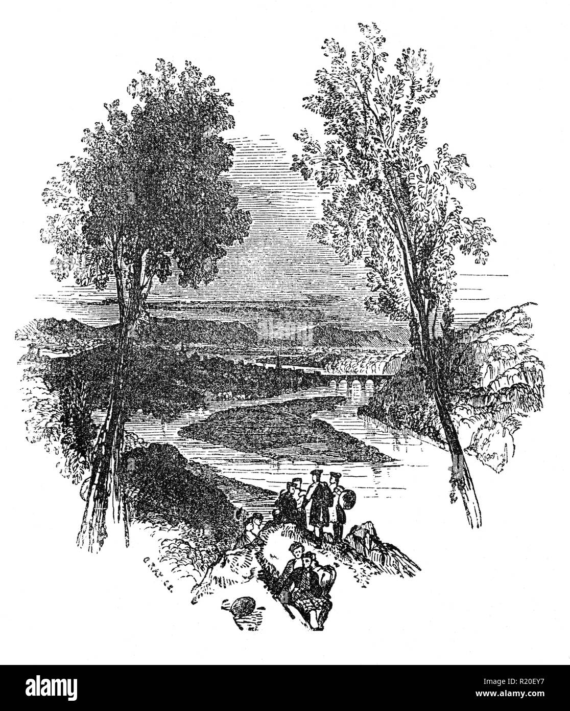 Eine Fernsicht auf die Perth Bridge (Auch als smeaton's Bridge bekannt, Lokal, die Alte Brücke überspannt den Fluss Tay, Perth, auf der westlichen Seite des Flusses, in Bridgend, Perthshire, Schottland, auf der östlichen Seite. Im Jahr 1771 errichtet, es ersetzt eine frühere Brücke weg im Jahr 1621 gewaschen, also für 150 Jahre gab es keine Brücke, bis es schließlich im achtzehnten Jahrhundert ersetzt wurde. Stockfoto