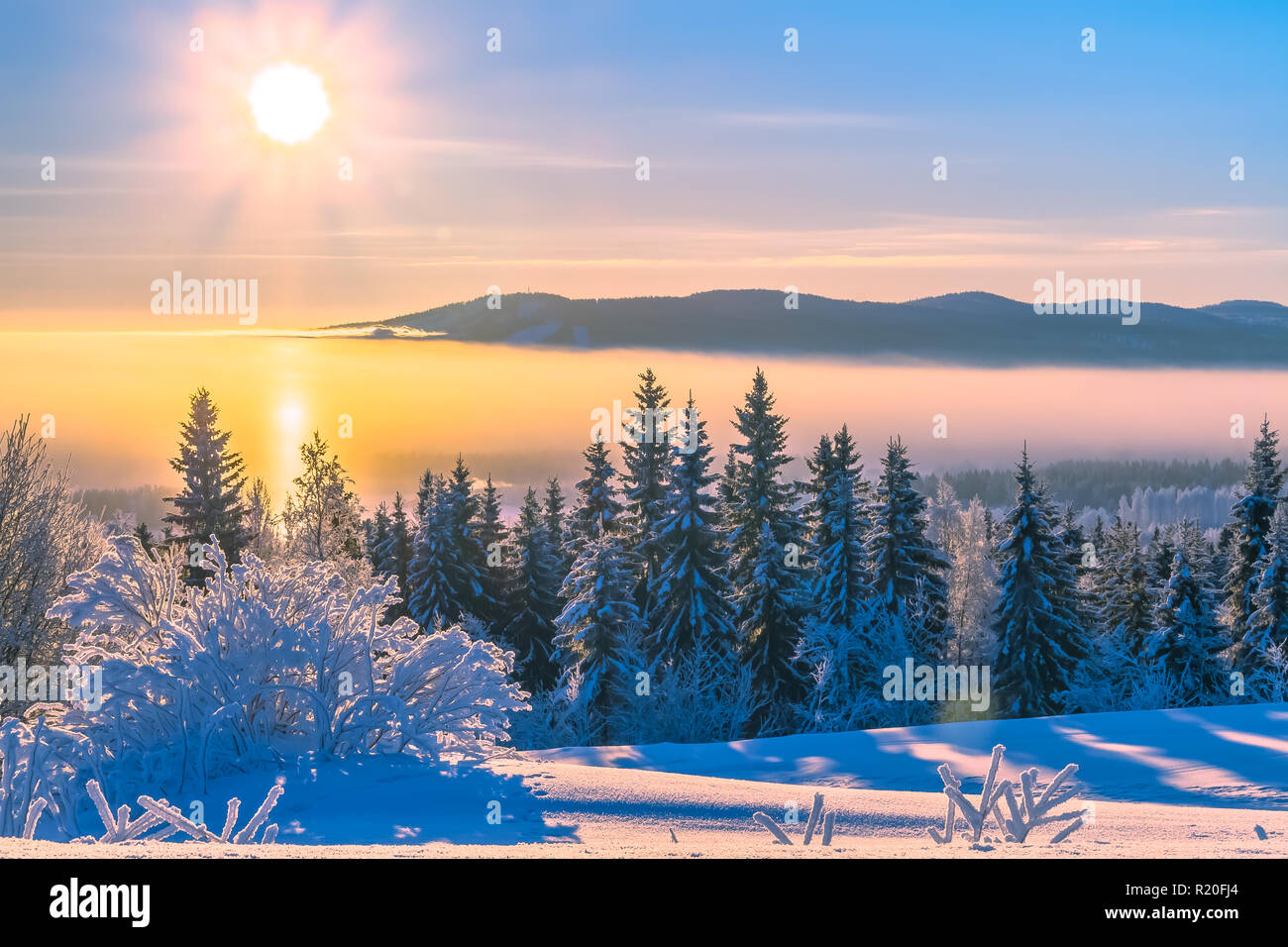 Sun Halo-effekt im Nebel. Sehr kalten Januar Tag in Kuopio, Finnland. Stockfoto