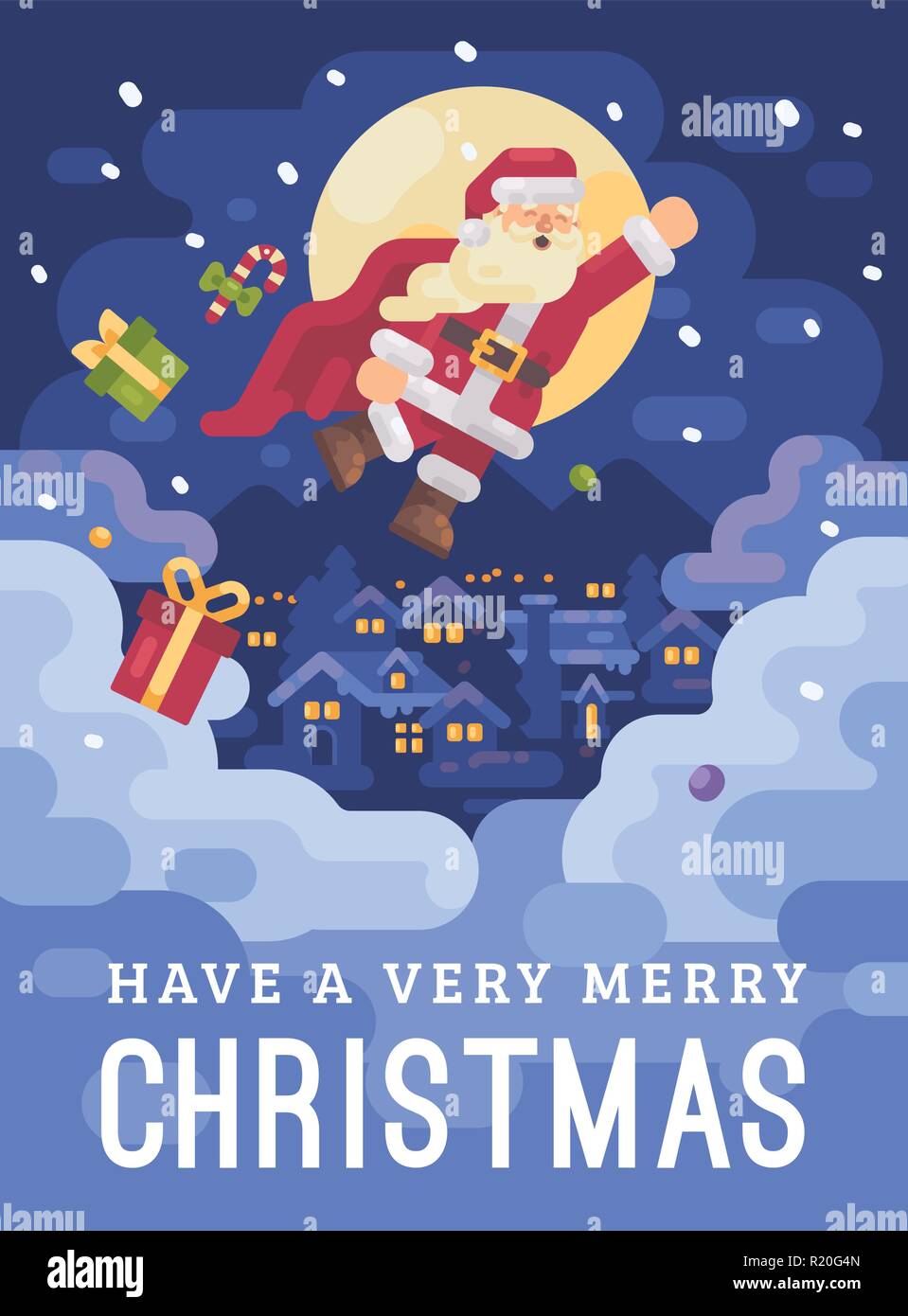 Santa Claus fliegen über ein Bergdorf in einen Superhelden Umhang auf einem verschneiten Winternacht. Weihnachten Charakter Grußkarte flachbild Abbildung: Karte Stock Vektor