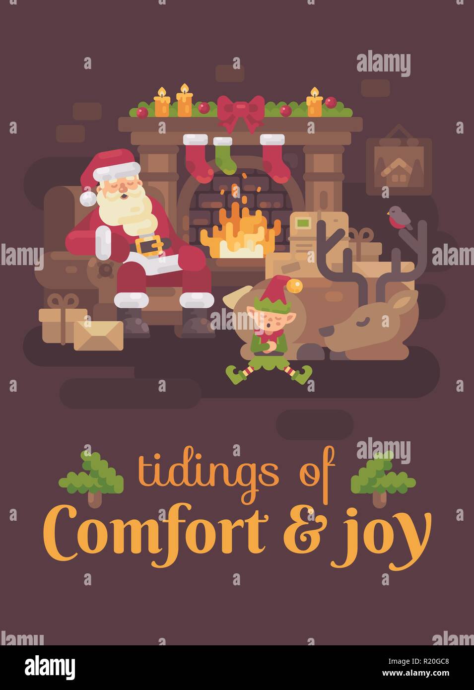 Müde Santa Claus mit seinem Rentier und elf schlafen von der Kamin nach einem harten Weihnachten. Neues Jahr Grußkarte Stock Vektor