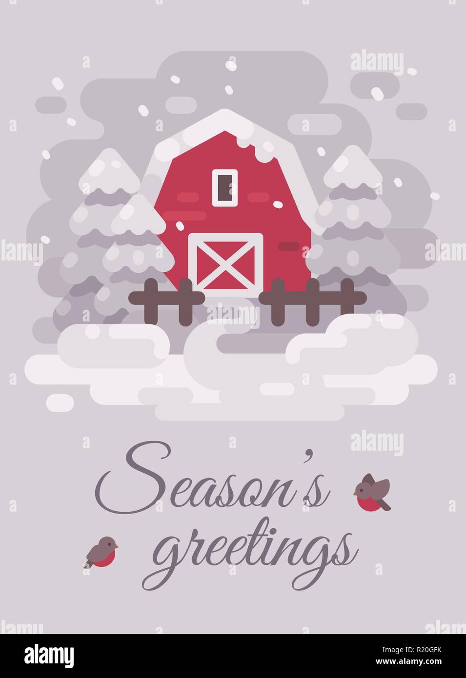 Rote Scheune mit Bäumen in einem Winter Landschaft. Gruß an Weihnachten Karte flach Abbildung. Seasons Greetings Stock Vektor