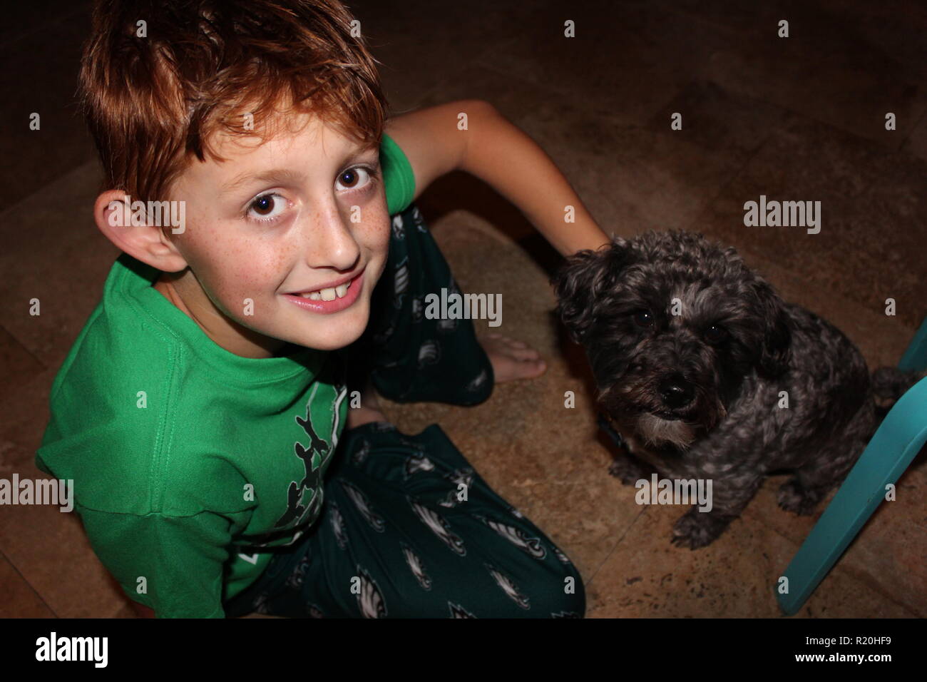 Der rothaarige Junge mit den Sommersprossen seiner kleinen schwarzen Hund reiben Stockfoto