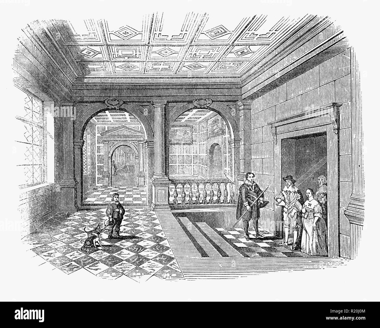 Theobalds Haus (auch als Theobalds Palast bekannt), in, was jetzt Zedern Park in der Pfarrei von Cheshunt in der englischen Grafschaft Hertfordshire, war ein bedeutender Herrenhaus und (später) Royal Palast des 16. und frühen 17. Jahrhundert befindet. In einer weitläufigen Parklandschaft, es war eine Residenz der regierenden Lord Burghley und sein Sohn, beide führenden königlichen Berater. James habe ich genossen, so sehr, dass er es aus dem Cecil Familie erworben, den weiteren Ausbau Haus und Park. Es war ein bemerkenswertes Beispiel des elisabethanischen Zeitalters prodigy Haus, wurde aber als Ergebnis des Englischen Bürgerkriegs demoliert. Stockfoto