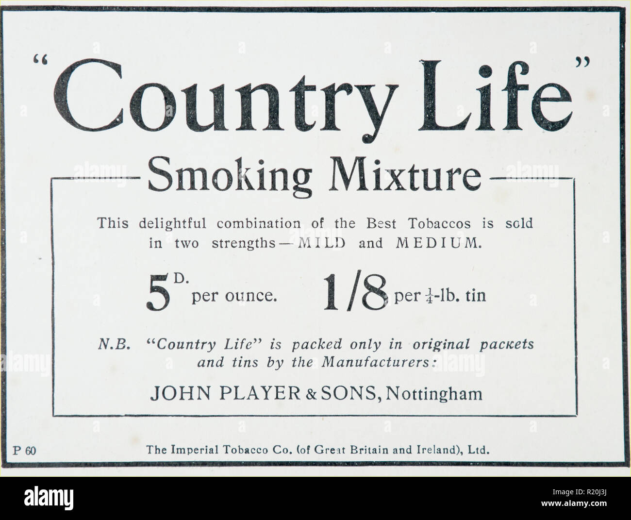 Anzeige für John Player & Söhne Land Leben Tabak Anzeige. Aus einem alten britischen Zeitschrift aus dem Zeitraum 1914-1918. England UK GB Stockfoto