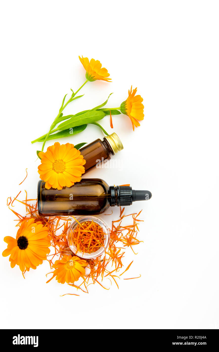 Calendula officinalis, den Pot marigold, ruddles, gemeinsame Ringelblume oder Scotch Ringelblume unterschiedliche Gesundheit Produkte auf Holz- fach, ätherisches Öl, Tinktur Stockfoto
