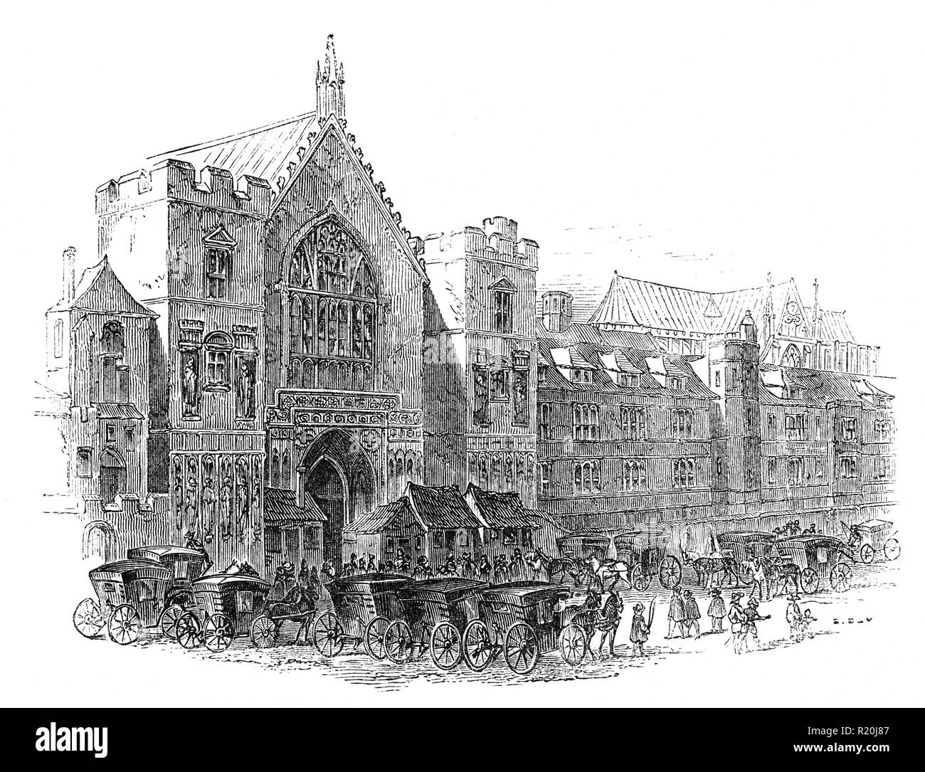 Das alte Schloss Hof im Palast von Westminster, wo Sir Walter Raleigh (1554-1618) ausgeführt wurde. 1603, Raleigh war im Turm, die in der Verschwörung gegen König James I, die nicht positiv war auf ihn entsorgt einbezogen werden inhaftiert. In 1616 wurde er freigelassen eine zweite Expedition auf der Suche nach El Dorado zu führen. Während der Expedition, Männer von seinem Oberbefehlshaber geplündert einer Spanischen Außenposten, in der Verletzung der sowohl im Hinblick auf seine Vergebung und die 1604 Friedensvertrag mit Spanien. Raleigh nach England zurück, und die Spanischen zu beschwichtigen, wurde er verhaftet und im Jahre 1618 ausgeführt. Stockfoto