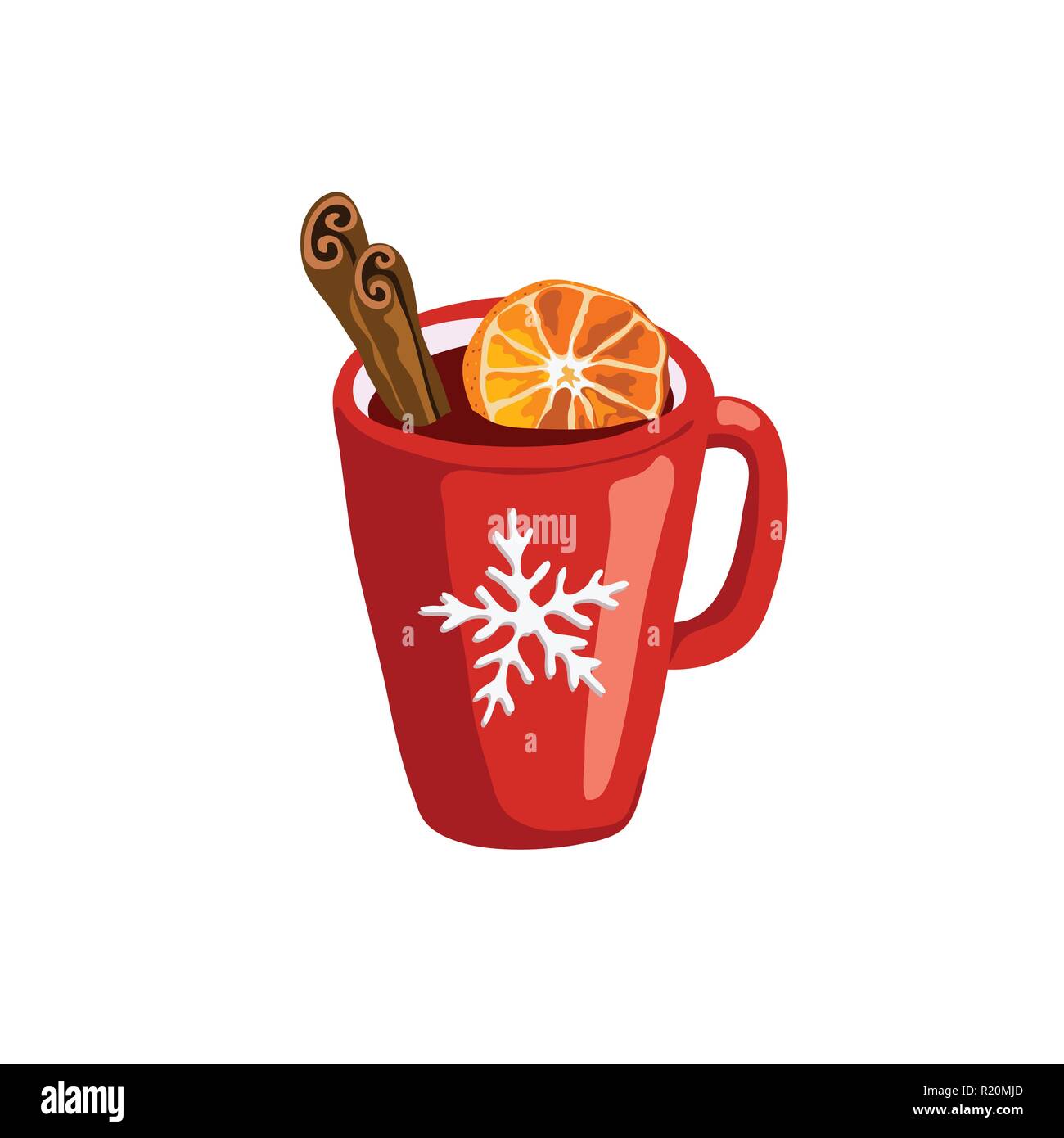 Wein mit getrockneten Zitrusfrüchten Slice und Zimtstangen in rot Tasse mit Schneeflocken-symbol auf weißem Hintergrund Glühwein Stock Vektor