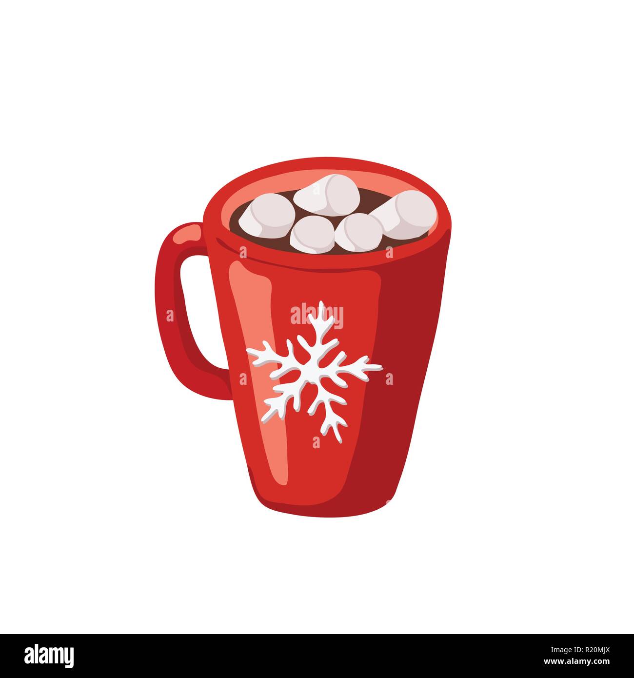 Kakao oder eine heiße Schokolade mit Marshmallows in rot Tasse mit Schneeflocken-symbol auf weißem Hintergrund Stock Vektor