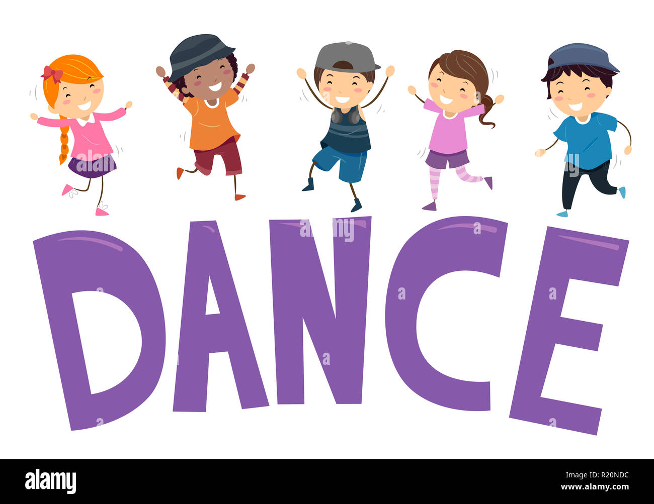 Stickman Abbildung mit jungen Kinder tanzen auf einem Satz von Buchstaben, die Zauber Tanz Stockfoto
