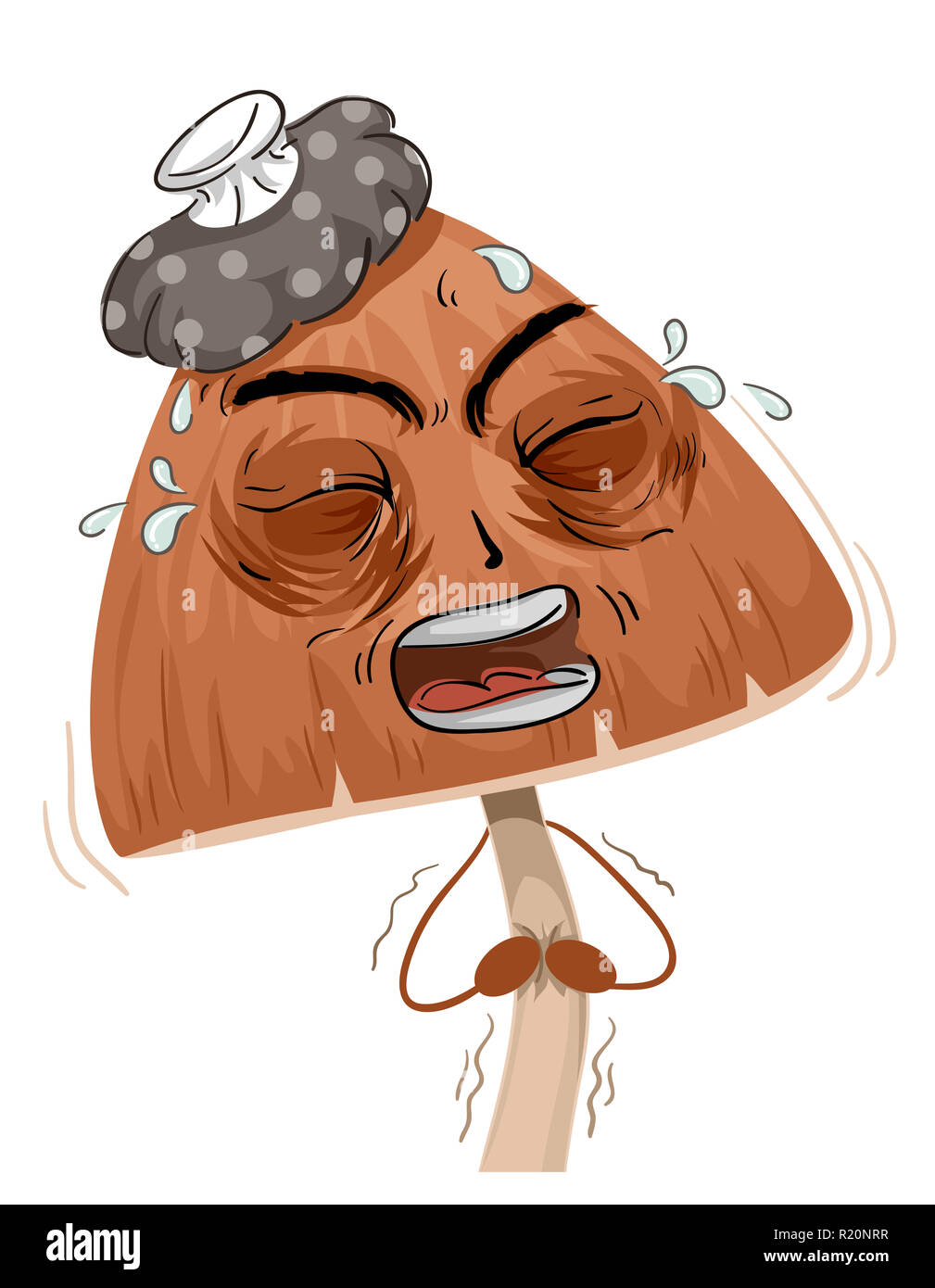 Maskottchen Abbildung mit einem Kranken Psychedelic Mushroom mit einem Eisbeutel auf dem Kopf umklammert seinen Magen Schmerzen Stockfoto